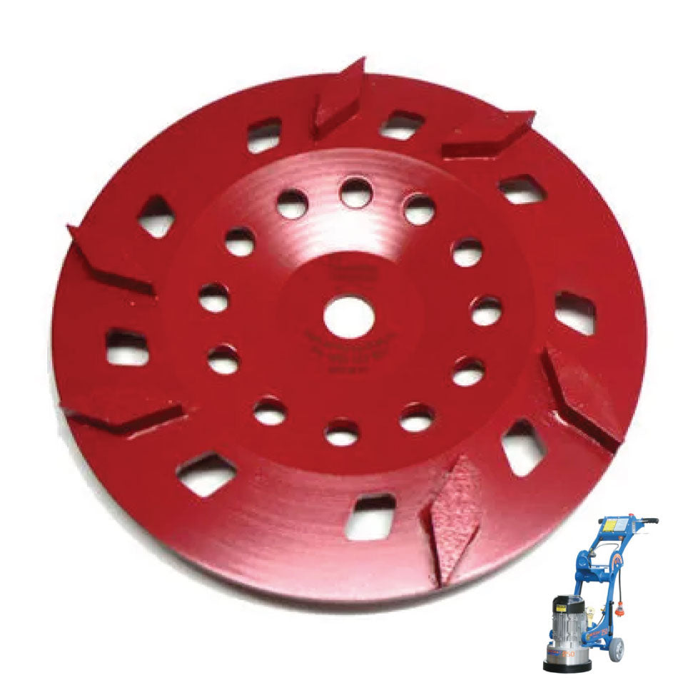 Rhomboid 250mm (10'') Diamond Cup Wheel, 30/40 Grit, Med bond, 6 seg, Red (Suits rubber-based glue and general)