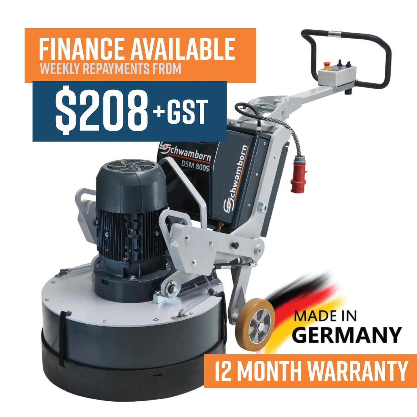 DSM800S Schwamborn Planetary Concrete Floor Grinder, 3 Ph - Includes Diamond Floating Device, Knock-On Shoe Holder, Variable Speed, Floating Dust Shroud, Adjustable Handle (No Water Tank)