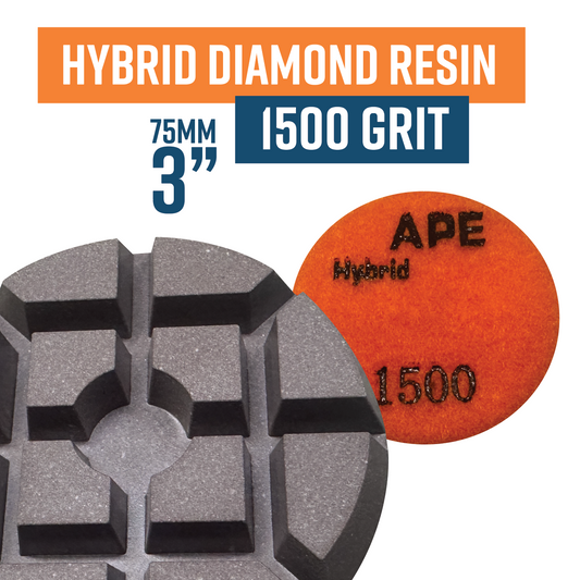 75mm HYBRID Resin Bond Polishing Pad 1500 Grit
(DISC)
- incorporates resin, ceramic, copper all into one pad
- more aggressive than traditional resins and will remove scratches left by diamonds easier
- typically last 20% longer than standard resins.