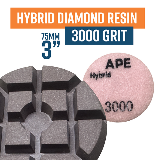 75mm HYBRID Resin Bond Polishing Pad 3000 Grit
(DISC)
- incorporates resin, ceramic, copper all into one pad
- more aggressive than traditional resins and will remove scratches left by diamonds easier
- typically last 20% longer than standard resins.