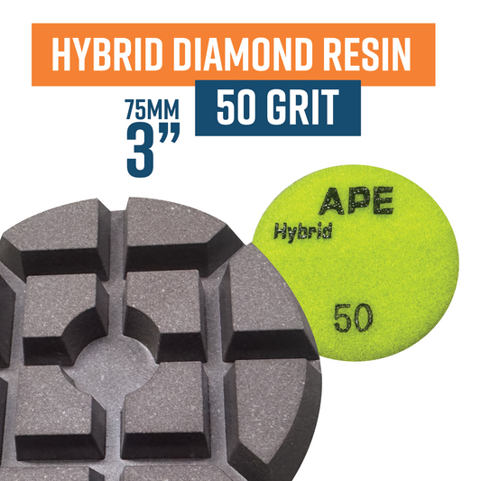75mm HYBRID Resin Bond Polishing Pad 50 Grit
- incorporates resin, ceramic, copper all into one pad
- more aggressive than traditional resins and will remove scratches left by diamonds easier
- typically last 20% longer than standard resins.