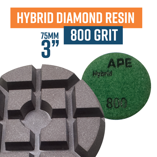 75mm HYBRID Resin Bond Polishing Pad 800 Grit
(DISC)
- incorporates resin, ceramic, copper all into one pad
- more aggressive than traditional resins and will remove scratches left by diamonds easier
- typically last 20% longer than standard resins.