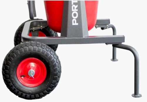 Exterior Portamix Mega Hippo Mixer 80L with 1800w Standard Motor and Flexible Folded Drum Liner, 6 bag capacity. Includes Exterior Wheel Kit, 1x full height paddle, 1x 1/2 height paddle, and BONUS Dust Cover Lid.
