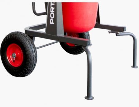 Exterior Portamix Mega Hippo Mixer 80L with 1800w Standard Motor and Flexible Folded Drum Liner, 6 bag capacity. Includes Exterior Wheel Kit, 1x full height paddle, 1x 1/2 height paddle, and BONUS Dust Cover Lid.
