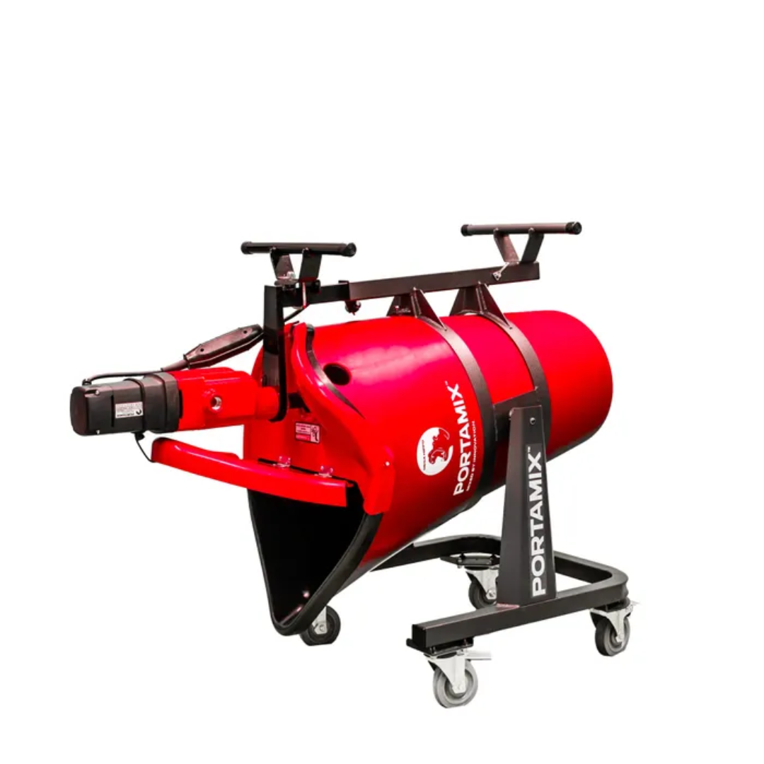 PORTAMIX Mega Hippo Mixer 80L with 2300w High Powered Motor, 3 speed, 6 bag capacity. Includes flexible drum liner, 4x lockable castors, 1x full height paddle, 1x and 1/2 height paddle.