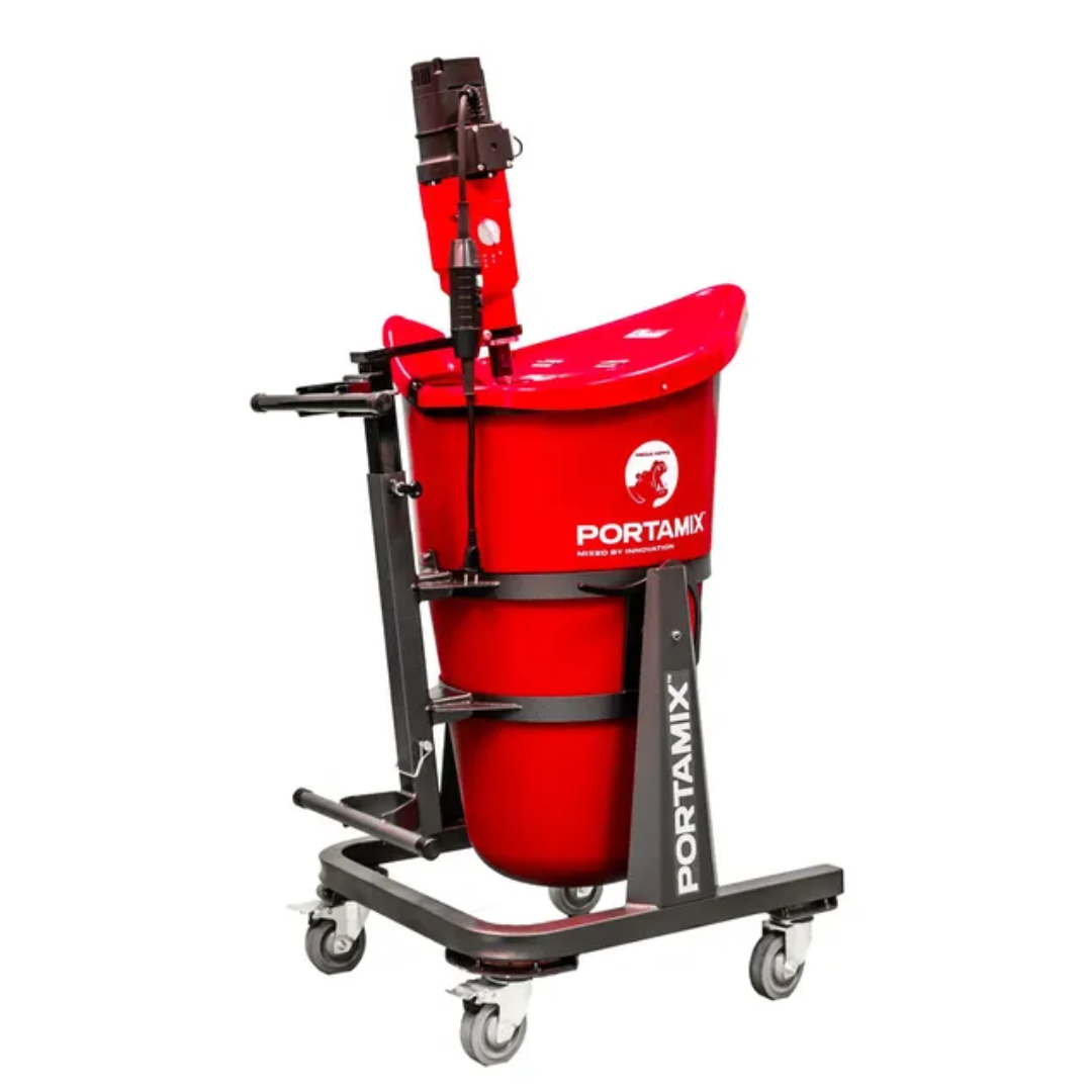 PORTAMIX Mega Hippo Mixer 80L with 2300w High Powered Motor, 3 speed, 6 bag capacity. Includes flexible drum liner, 4x lockable castors, 1x full height paddle, 1x and 1/2 height paddle.