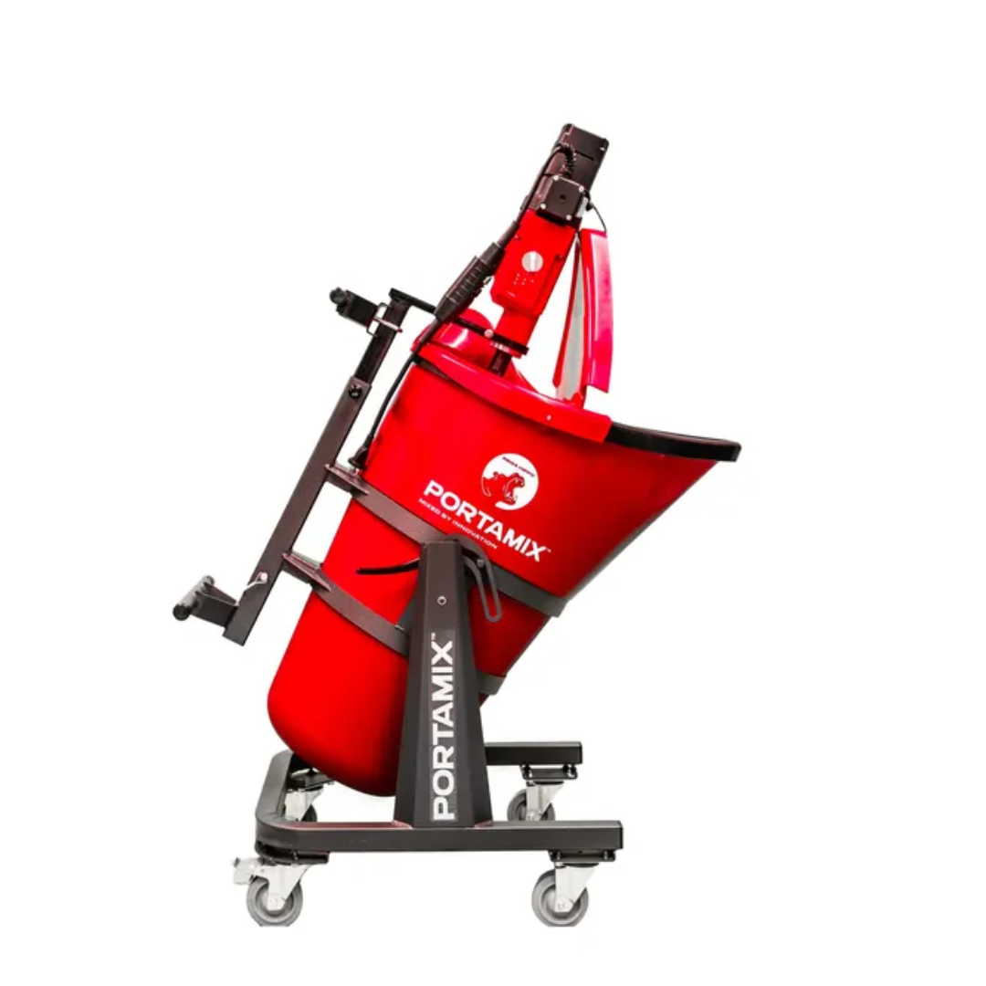 PORTAMIX Mega Hippo Mixer 80L with 2300w High Powered Motor, 3 speed, 6 bag capacity. Includes flexible drum liner, 4x lockable castors, 1x full height paddle, 1x and 1/2 height paddle.