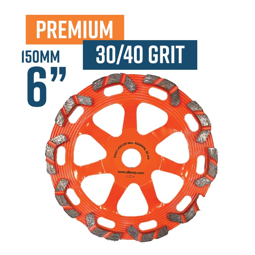Premium 150mm (6") (30/40 Grit Hard Bond) Diamond Grinding Cup Wheel (requires spacer to fit Hilti DG150) (For Hilti DG/DGH150)
(Lightweight with Holes help extract dust quicker. Good for abrasive concrete. Longer lasting.)