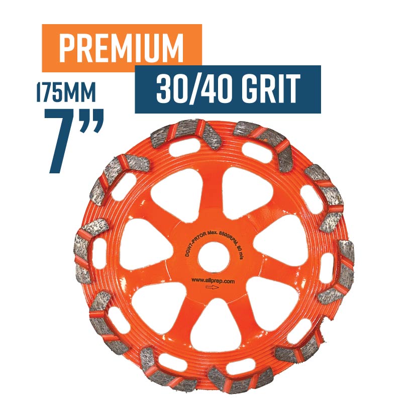 Premium 175mm (7") (30/40 Grit Hard Bond) Diamond Grinding Wheel
(Lightweight with Holes help extract dust quicker. Good for abrasive concrete. Longer lasting.)