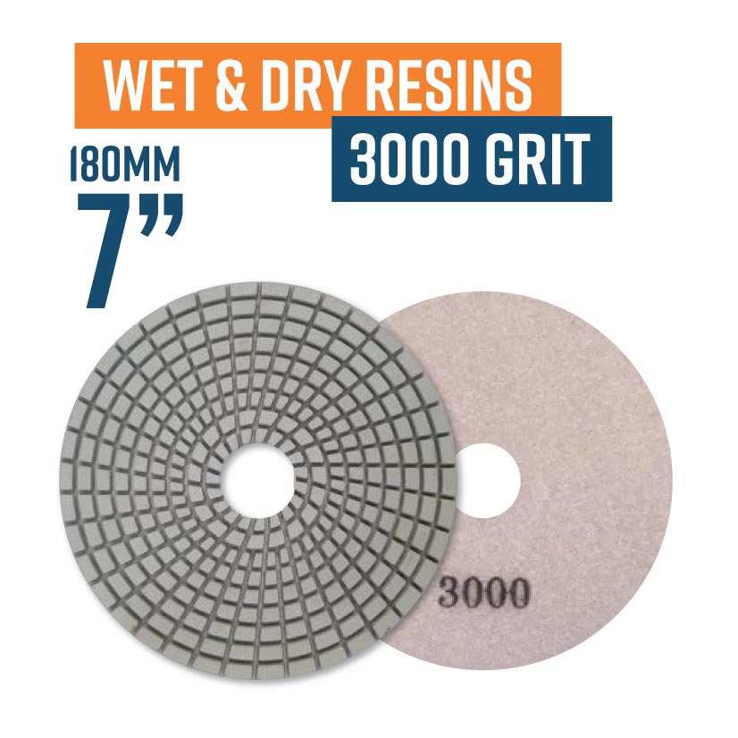 175mm (7") Resin Bond Wet & Dry Polishing Pads - 3000 grit. Must be used on low speed(Discontinued item, available while stock lasts - no returns accepted)