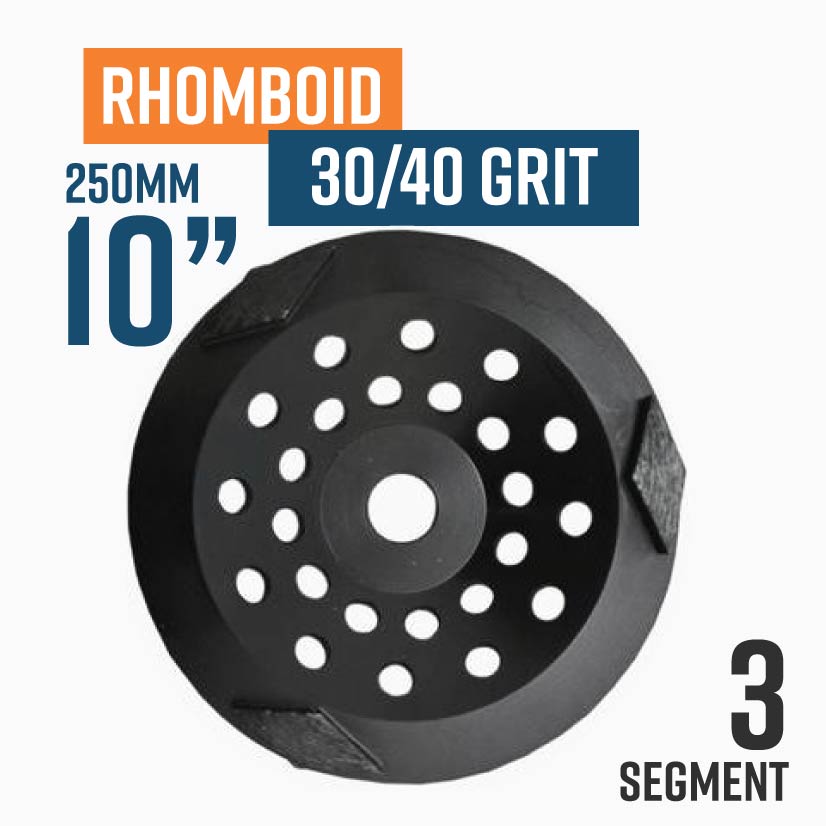 Rhomboid 250mm (10'') Diamond Cup Wheel, 30/40 Grit, Med bond, 3 segment, Black (Suits thin glue, paint, floor leveller)