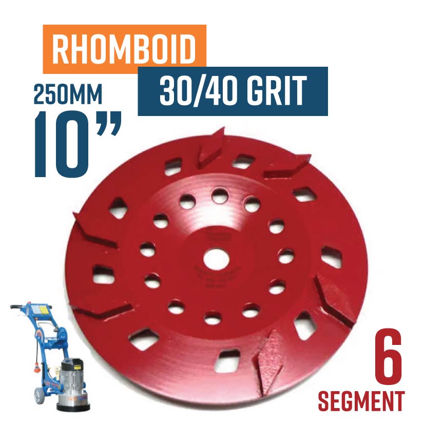 Rhomboid 250mm (10'') Diamond Cup Wheel, 30/40 Grit, Med bond, 6 seg, Red (Suits rubber-based glue and general)