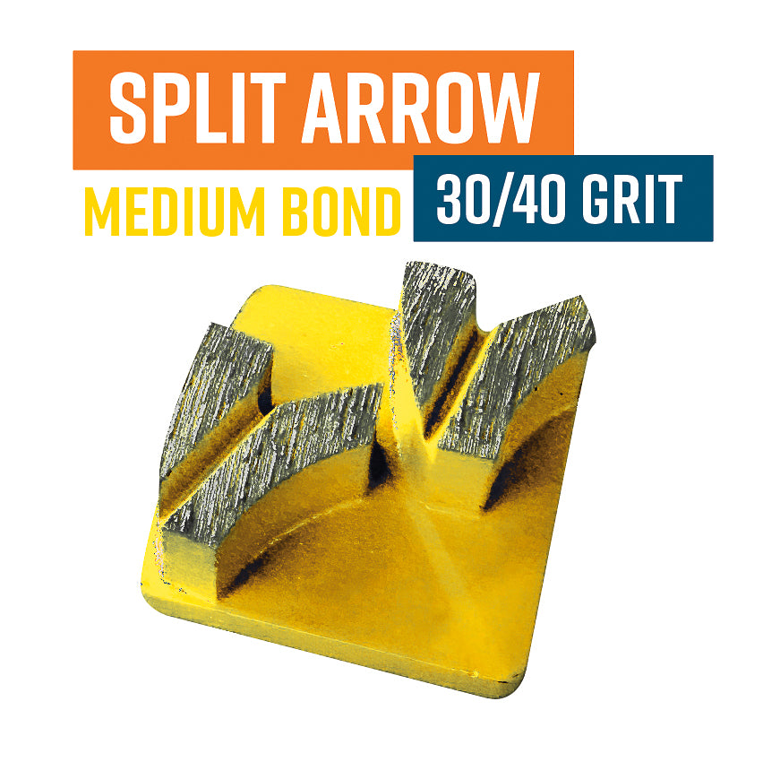 Split Arrow Yellow 30/40 Grit Knock On Diamond Grinding Shoe to suit Schwamborn (Medium Bond)
(DISC)