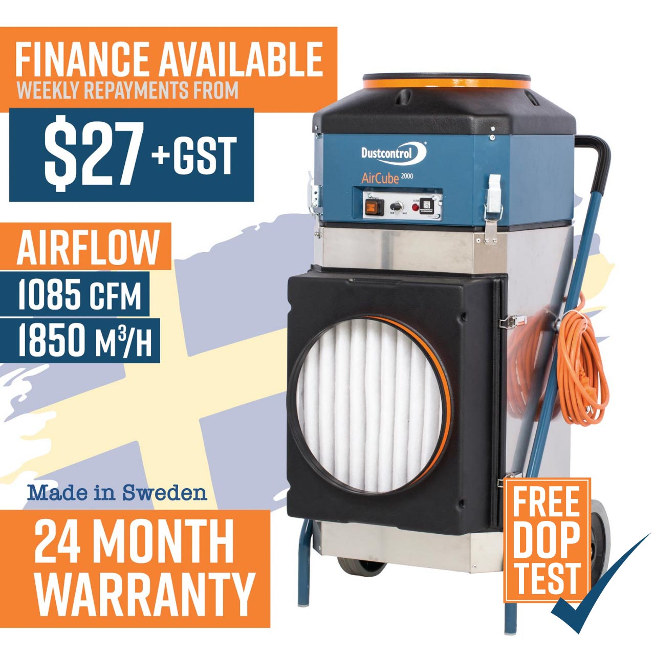Dustcontrol Air Cleaner / AirCube 2000, 230V, 595W Power, 30kg, Complete with Prefilter G4 (42917) and HEPA H13 Filter (42896)