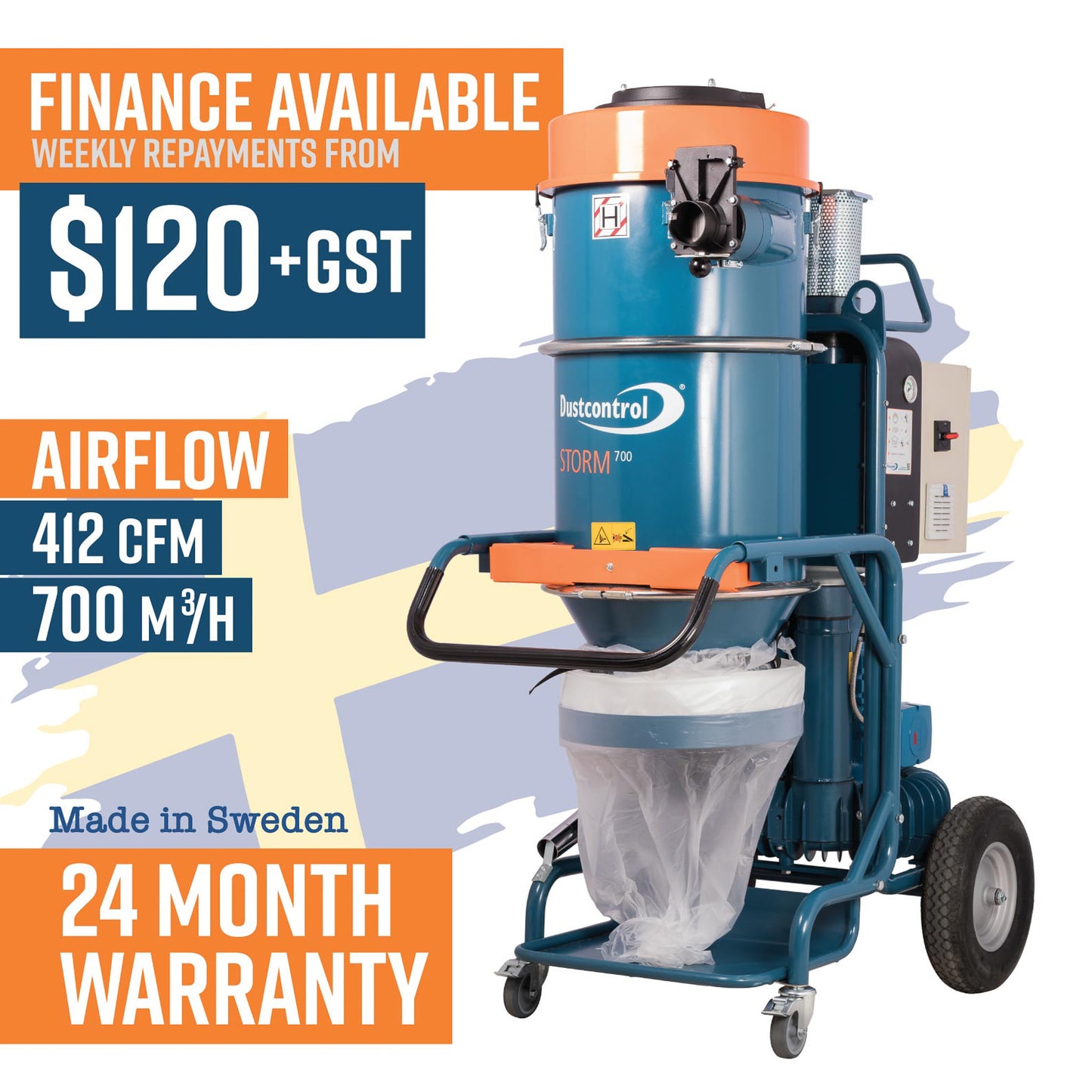 Dustcontrol DC Storm 700 Vacuum, Three Phase, 7.5kW Motor, 212kg, Includes Longopac 25m Continuous Bag (44077), 7.5m Antistatic Suction Hose 50mm, Floor Nozzle (7238), Suction Pipe (7265), Polyester Fine Filter PTFE (44081) and HEPA H13 Filter (42807)