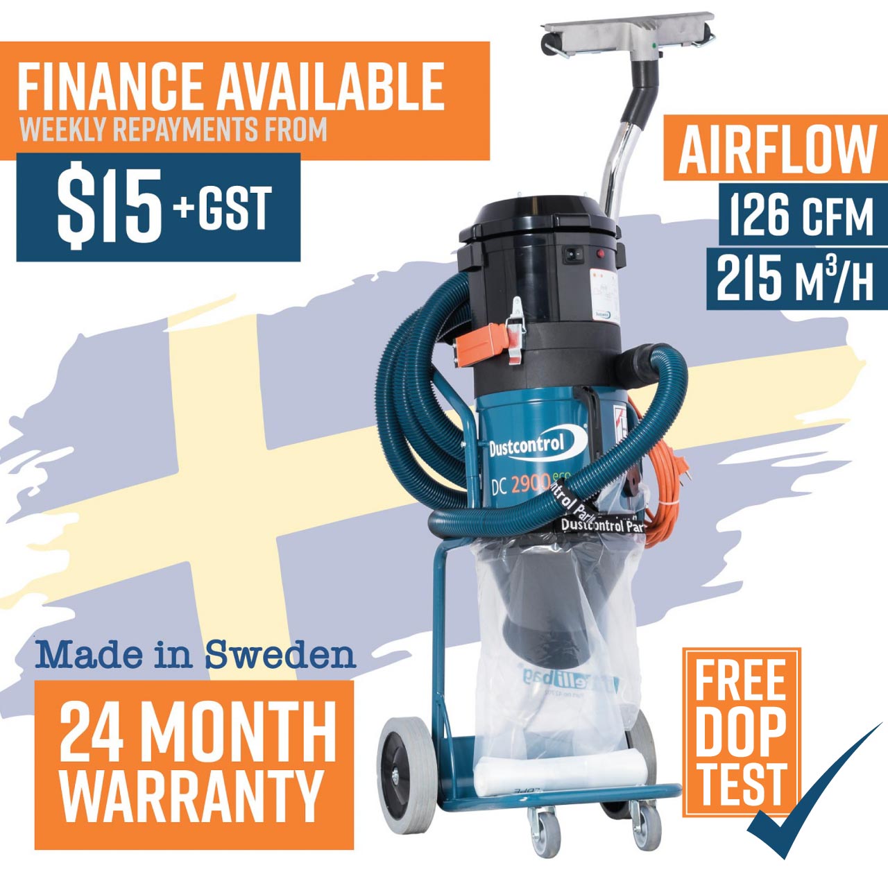 Dustcontrol DC2900c Vacuum, Single Phase, 1285watt, 16kg, 105cm, Includes Intellibag (42702), 5m Antistatic Suction Hose 38mm, Floor Nozzle (7235), Suction Pipe (7257), Polyester Fine Filter Cellulose (42029) and HEPA H13 filter (42027)