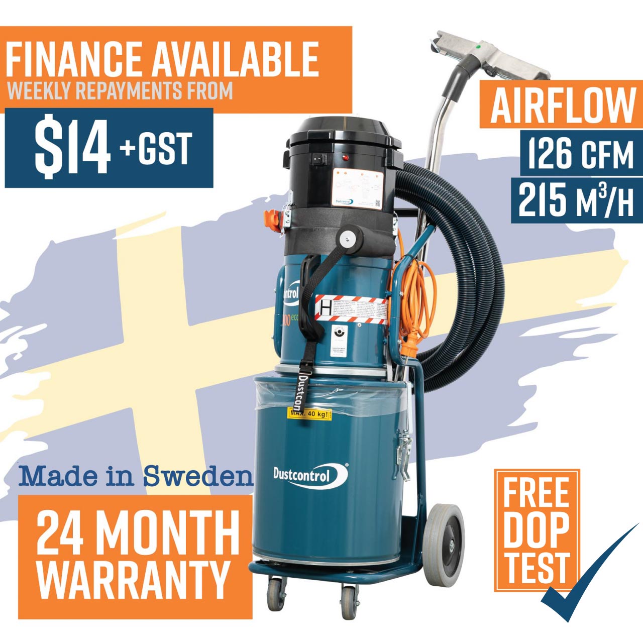 Dustcontrol DC2900a Vacuum, Single Phase, 1285watt, 22kg, Includes 40L Steel Collection Container, 5m Antistatic Suction Hose 38mm, Floor Nozzle (7235), Suction Pipe (7257), Polyester Fine Filter Cellulose (42029) and HEPA H13 filter (42027)