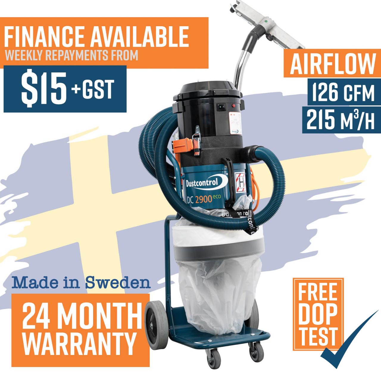 Dustcontrol DC2900L Vacuum, Single Phase, 1285watt, 19kg, Includes Longopac Bags (44763), 5m Antistatic Suction Hose 38mm, Floor Nozzle (7235), Suction Pipe (7257), Polyester Fine Filter Cellulose (42029) and HEPA H13 filter (42027)