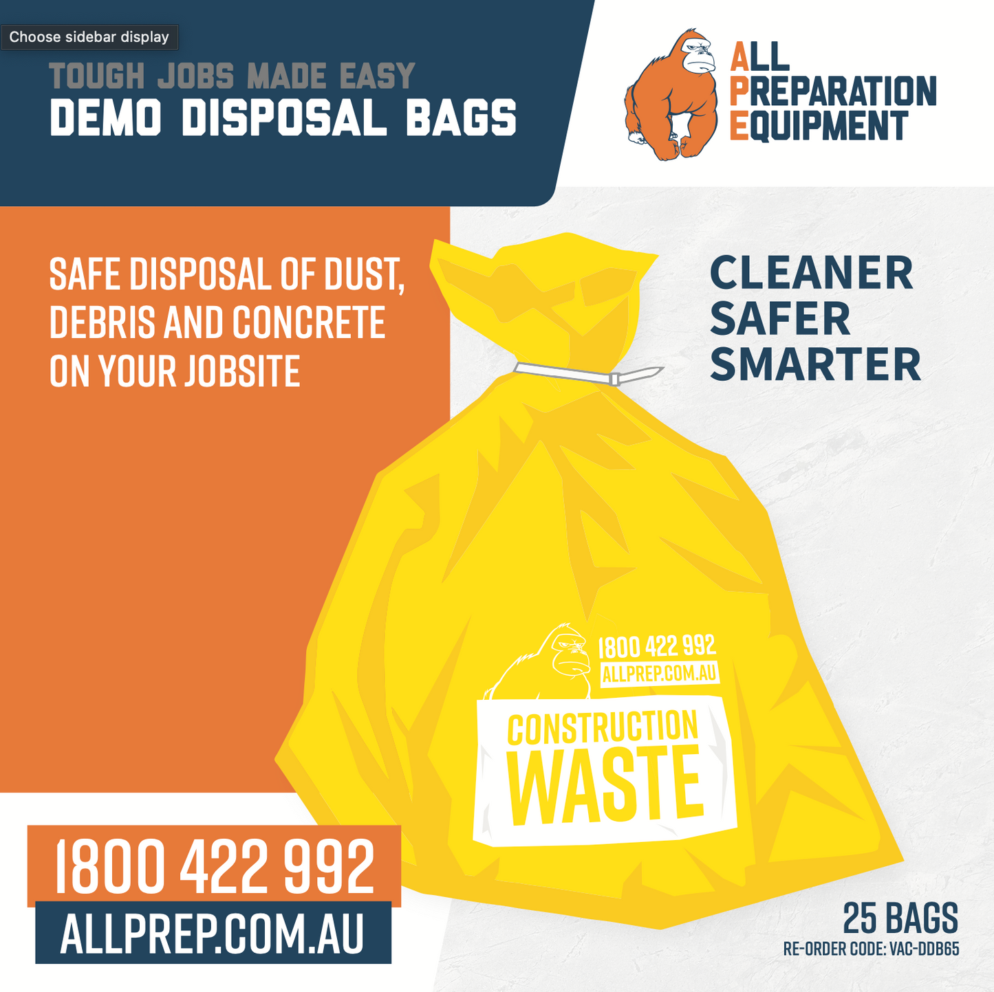 Yellow Demo Disposal Bags 140um (Pack of 25) for safe disposal of dust, debris and concrete onsite