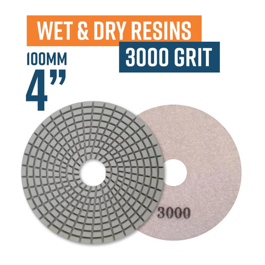 100mm (4") Resin Bond Wet & Dry Polishing Pads - 3000 grit. Must be used on low speed(Discontinued item, available while stock lasts - no returns accepted)