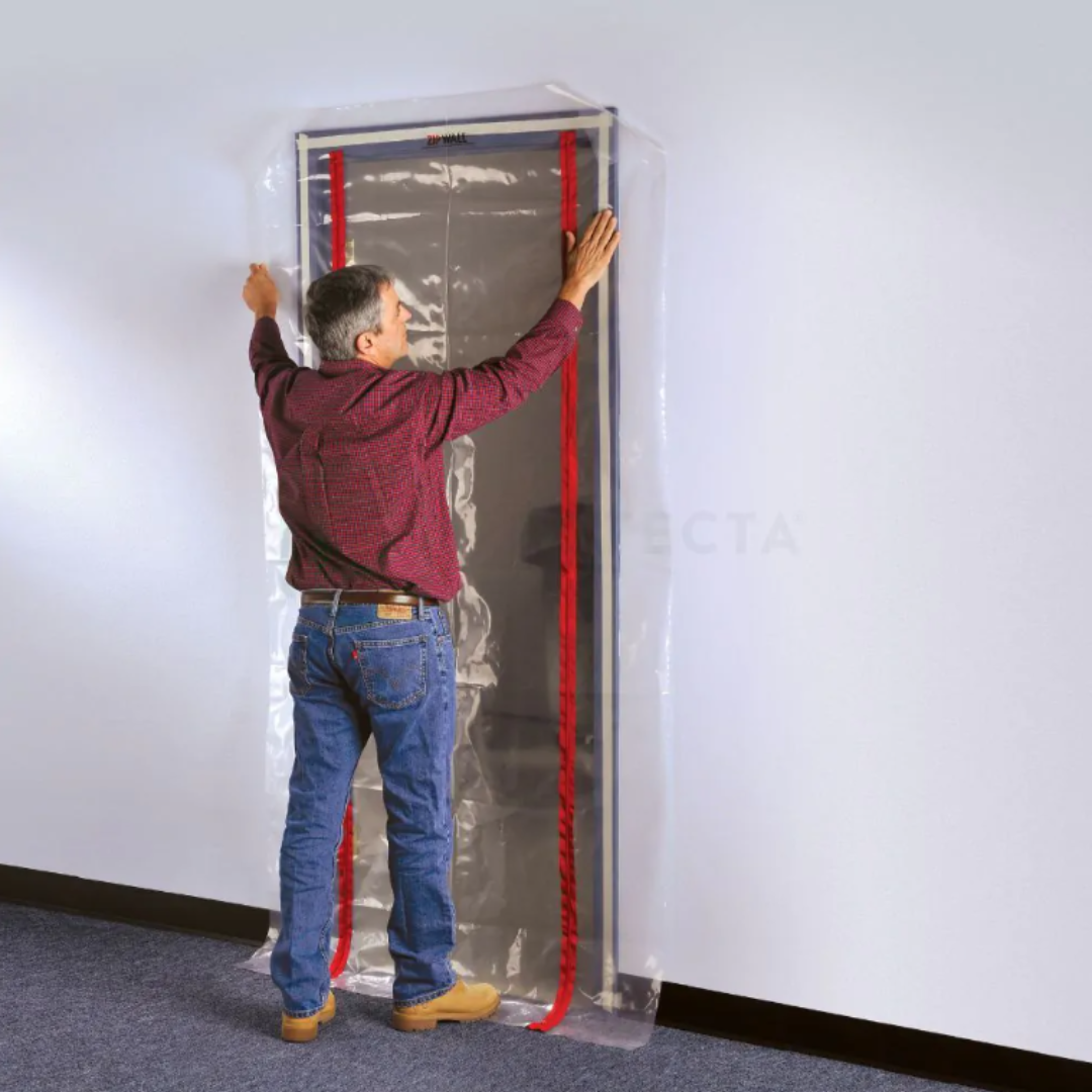 Zipwall ZipDoor STD to seal existing doorway openings up to 1150mm (W) x 2200mm (H). Includes: 1 x Heavy Duty ZipDoorTM sheet (1219 x 2286mm), 2 x Premium Zippers Pre-Installed and 1 x Roll of Special Lo-Hi Tack Double-sided Tape for Mounting (18M).