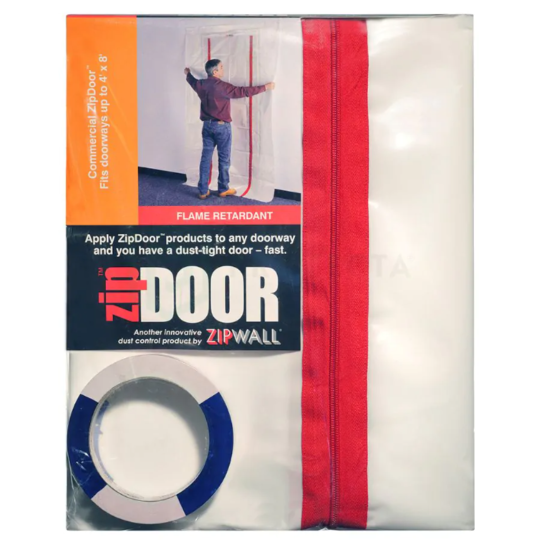 Zipwall ZipDoor STD to seal existing doorway openings up to 1150mm (W) x 2200mm (H). Includes: 1 x Heavy Duty ZipDoorTM sheet (1219 x 2286mm), 2 x Premium Zippers Pre-Installed and 1 x Roll of Special Lo-Hi Tack Double-sided Tape for Mounting (18M).