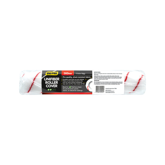 Uni-Pro 360mm High tech Unifiber Roller Cover 11mm Nap suitable for use with flat and low sheen acrylic or enamel paints. White with red stripe (Available in 48 per ctn but sold individually)