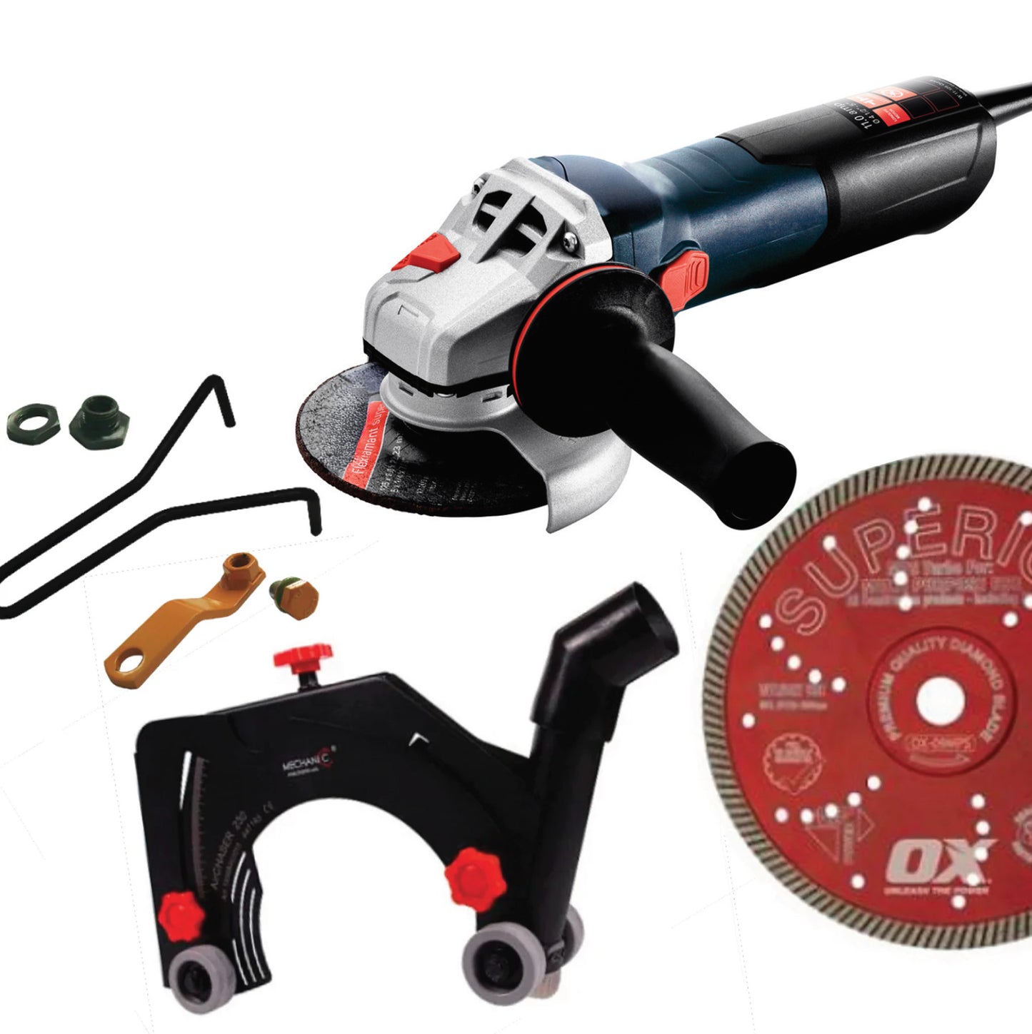 5" Dustless Concrete Cutting and Repair Package including Makita Handheld Angle grinder,  AirChaser Dust shroud and Premium Diamond Concrete Cutting blade.