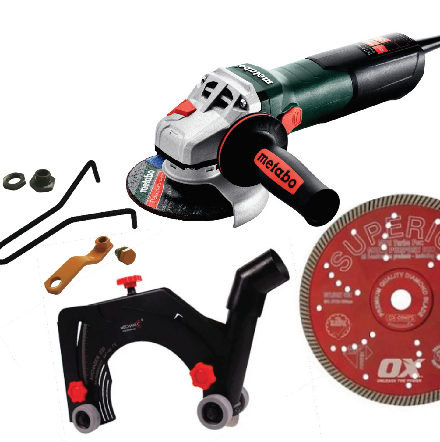 5" Dustless Concrete Cutting and Repair Package including Metabo Handheld Angle grinder,  AirChaser Dust shroud and Premium Diamond Concrete Cutting blade.