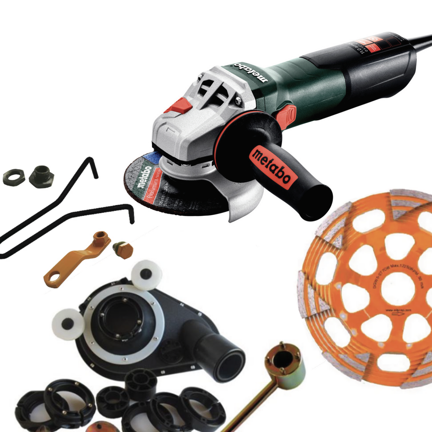 125mm (5") Angle Grinder Edger Package. Includes 5" Angle Grinder 1550w, Holer Composite Dust Shroud, Sabre Tooth 30/40 Grit Diamond Grinding Cup Wheel, Hitop Handle Attachment, and Wizz-it-off cup wheel remover.