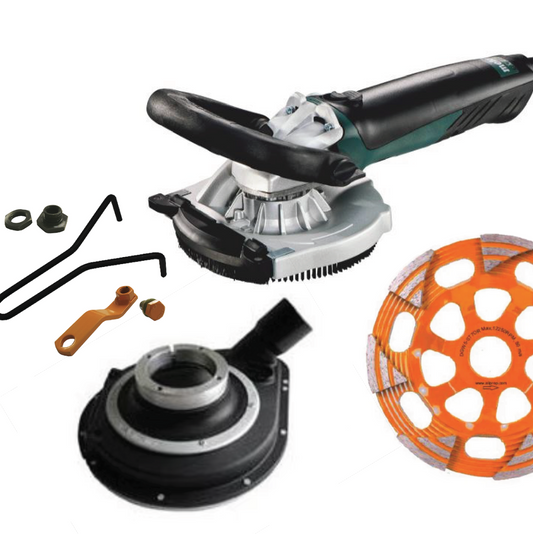 125mm (5") Angle Grinder Edger Package. Includes 5" Angle Grinder 1550w, Holer Composite Dust Shroud, Sabre Tooth 30/40 Grit Diamond Grinding Cup Wheel, Hitop Handle Attachment, and Wizz-it-off cup wheel remover.