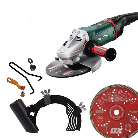 175mm (7") Angle Grinder Cutting & Chasing Package. Supplied complete including 7'' Angle Grinder 2400w, AirDuster Cutting Shroud, Ox Superior Turbo Cutting Blade, and Blade Spacer Lock Nut.