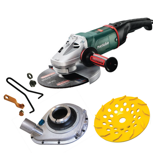 175mm (7") Angle Grinder Edger Package. Includes 7'' Angle Grinder 2400w, Holer Premium Aluminum Dust Shroud, Rhomboid 30/40 Grit Diamond Grinding Cup Wheel, Hitop Handle Attachment, and Wizz-it-off cup wheel remover.