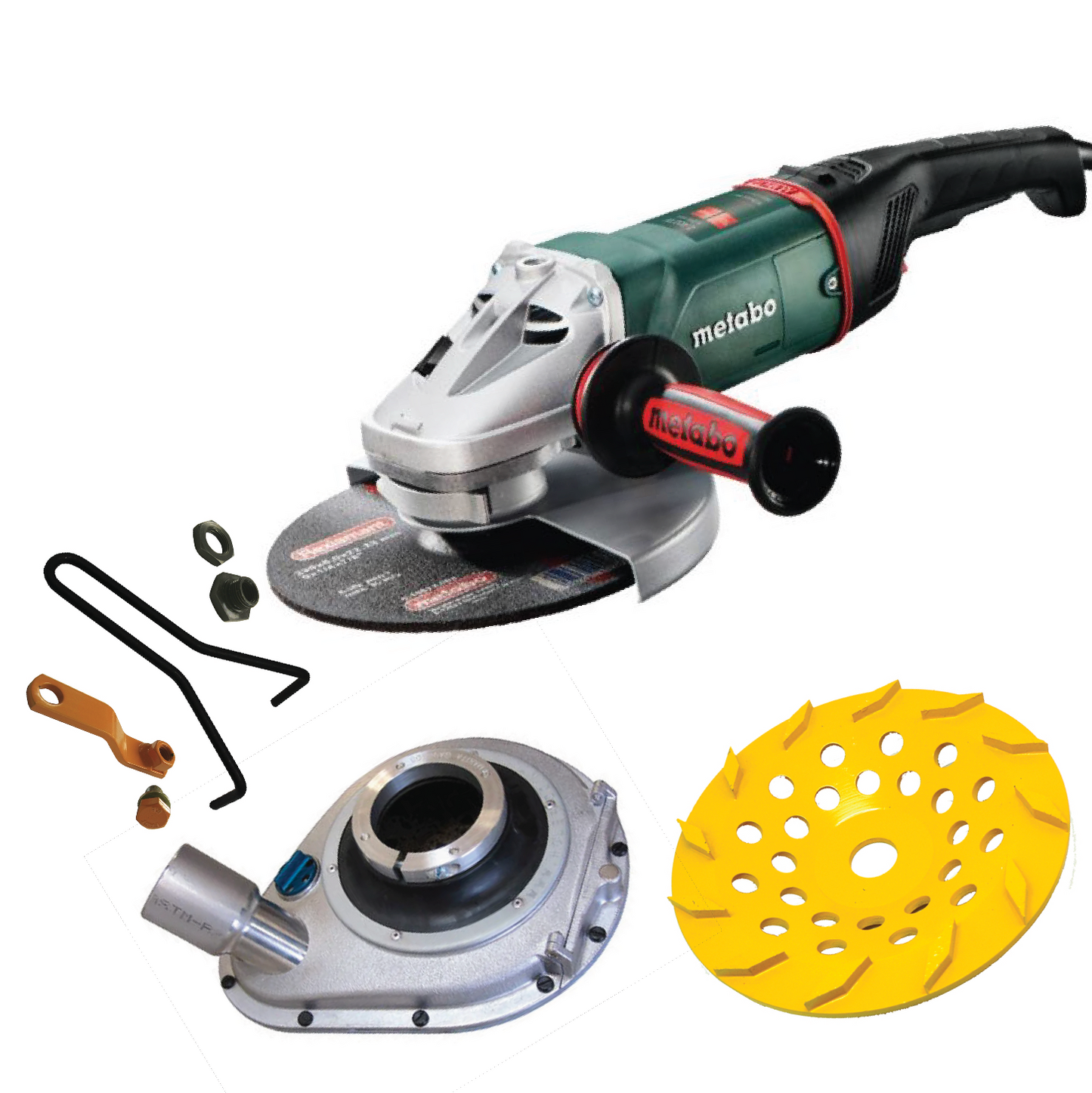 230mm (9") Angle Grinder Edger Package. Includes 9'' Angle Grinder 2400w, Premium Aluminum Holer Dust Shroud, Rhomboid 30/40 Grit Diamond Grinding Cup Wheel, Hitop Handle Attachment, and Wizz-it-off cup wheel remover.