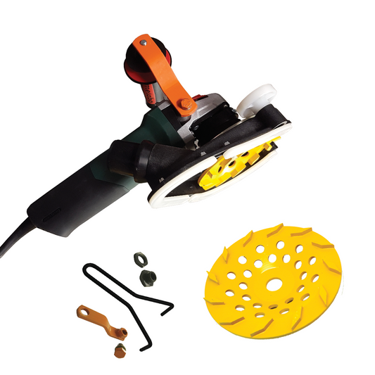 175mm (7") Angle Grinder Edger Package. Includes 7'' Angle Grinder 2400w, Holer Composite Dust Shroud, Rhomboid 30/40 Grit Diamond Grinding Cup Wheel, Hitop Handle Attachment, and Wizz-it-off cup wheel remover.