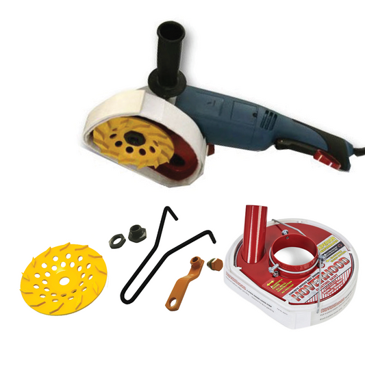 175mm (7") Angle Grinder Edger Package. Includes 7'' Angle Grinder 2400w, Aluminum Snub Nose Dust Shroud, Rhomboid 30/40 Grit Diamond Grinding Cup Wheel, Hitop Handle Attachment, and Wizz-it-off cup wheel remover.