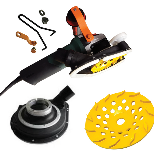 230mm (9") Angle Grinder Edger Package. Includes 9'' Angle Grinder 2400w, Holer Composite Dust Shroud, Rhomboid 30/40 Grit Diamond Grinding Cup Wheel, Hitop Handle Attachment, and Wizz-it-off cup wheel remover.