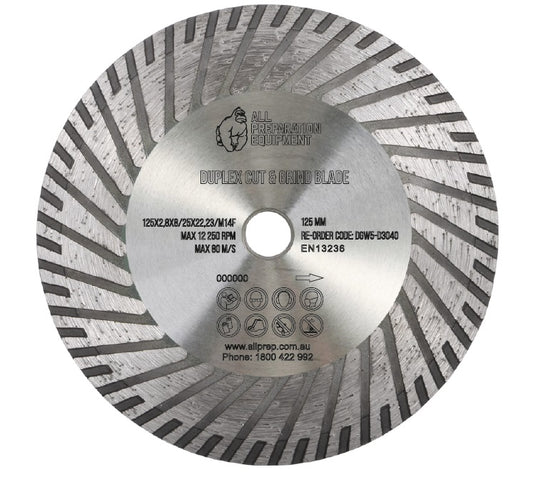 125mm (5") Duplex Cutting and Grinding 30/40 grit Flush Cut Blade with M14 thread for easy connection. 2.8mm thick with 22.23mm bore