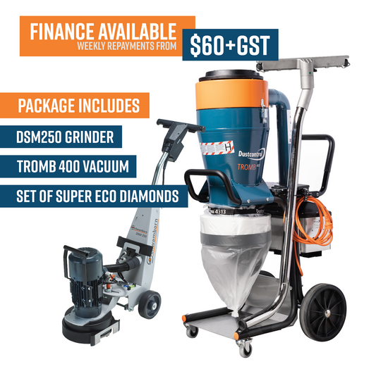 Dustless Schwamborn Grinder Package. (Includes DSM250 Grinder, Set of SE Knock On Diamond Shoes, Dustcontrol Tromb H Class Vacuum)