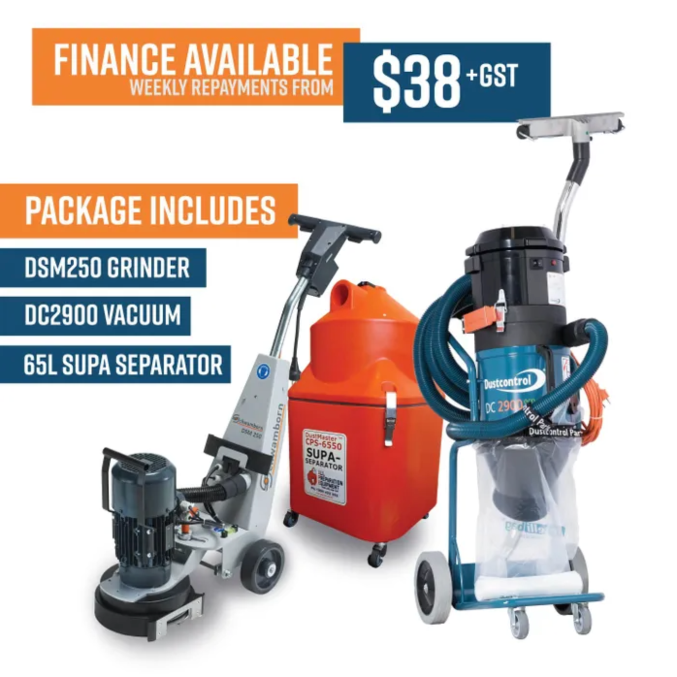 Dustless Grinding Sale Package includes; 1x Schwamborn DSM250 Edge Grinder 1x Dustcontrol DC2900c H Class Vacuum (supplied with FREE DOP Test valued at $309+GST) 1x APE 65L Supa Dust Separator 1x Tru Orange Separator Bags pk25 & hose kit to suit