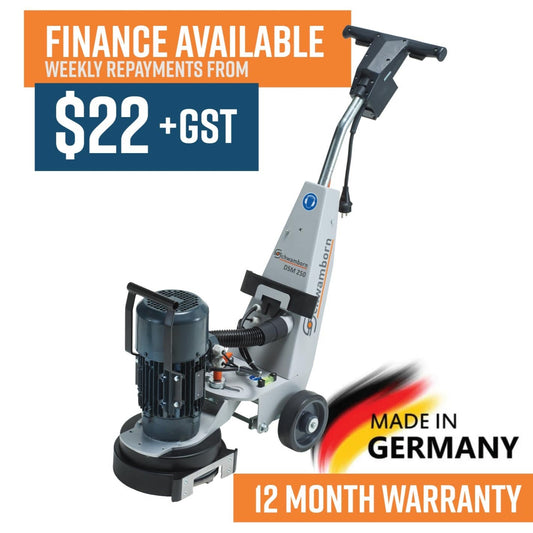 Schwamborn DSM250 Edger Concrete Floor Grinder. 230V, 50Hz, 2.2kW, complete with superior shroud for dust and vibration-free grinding up to the edge, swivel grinding head, height adjustment handle, Knock-On Shoe holder and safety red-locking ring.