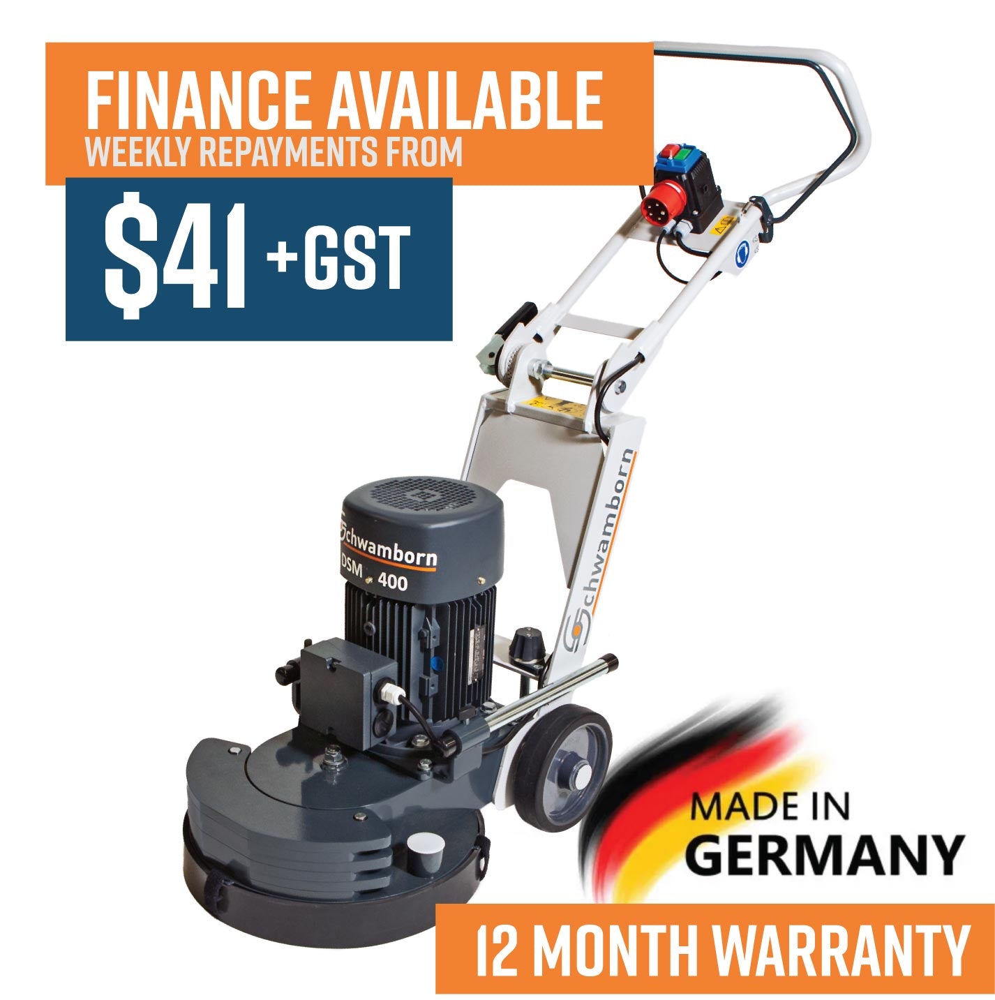 DSM400 Schwamborn Three Phase Concrete Floor Grinder - 415Volt/50Htz. Supplied with 3 x 7kg weights (Power Lead sold separately - will require min. 25m 32amp 5pin Lead)