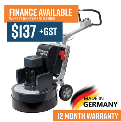 DSM530S Schwamborn Planetary Concrete Floor Grinder.
FREE SET OF ECO DIAMOND SHOES - limited time offer.
7.5KW motor, grind pressure 165Kg, 15L Water Tank, Diamond Floating Device, Speed 400-1200 RPM, Floating Dust Shroud, Multi position Handle