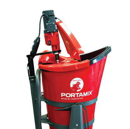 PORTAMIX Mega Hippo Mixer 80L with 1800w High Powered Motor, 2 speed, 6 bag capacity. Includes flexible drum liner, 4x lockable castors, 1x full height paddle, 1x 1/2 height paddle, and BONUS Dust Cover Lid.