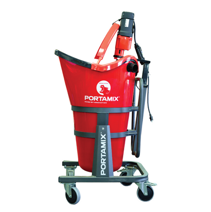 PORTAMIX Mega Hippo Mixer 80L with 1800w High Powered Motor, 2 speed, 6 bag capacity. Includes flexible drum liner, 4x lockable castors, 1x full height paddle, 1x 1/2 height paddle, and BONUS Dust Cover Lid.