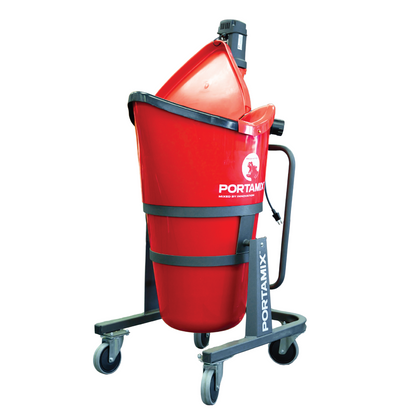 PORTAMIX Mega Hippo Mixer 80L with 1800w High Powered Motor, 2 speed, 6 bag capacity. Includes flexible drum liner, 4x lockable castors, 1x full height paddle, 1x 1/2 height paddle, and BONUS Dust Cover Lid.