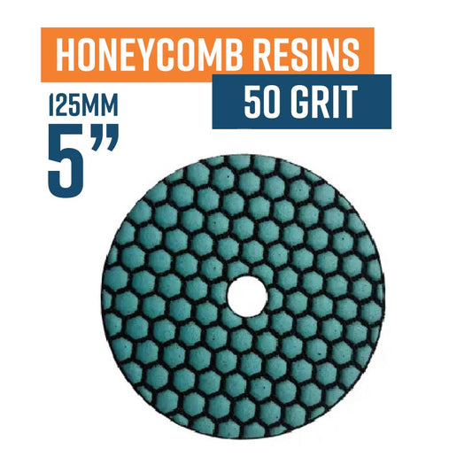 125mm (5") Honeycomb Dry Resin Bond Diamond Polishing Pad - 50 grit. Must be used on low speed.