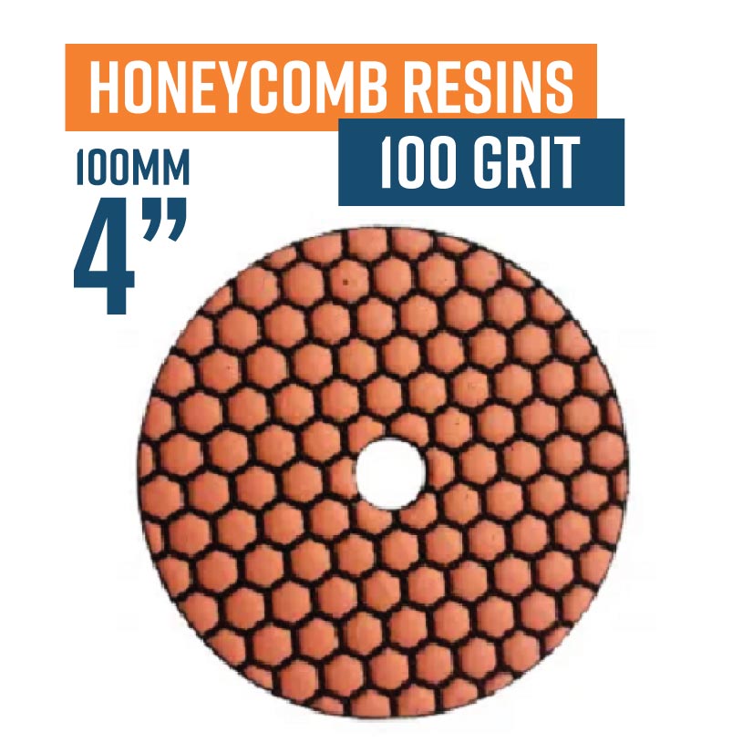 100mm (4") Honeycomb Dry Resin Bond Diamond Polishing Pad - 100 grit. Must be used on low speed.