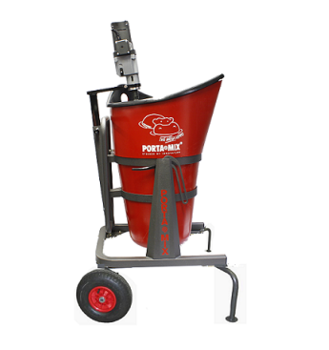 Exterior Portamix Mega Hippo Mixer 80L with 1800w Standard Motor and Flexible Folded Drum Liner, 6 bag capacity. Includes Exterior Wheel Kit, 1x full height paddle, 1x 1/2 height paddle, and BONUS Dust Cover Lid.