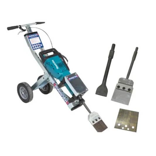 Complete Mega Chipper Floor Removal Package Includes: 1x Mega Chipper Jack Hammer Trolley  1x Tile Smasher Head with Blade  1x Universal Short Shank  1x 65mm Hardened Steel Chisel  1x Replacement Blade 150mm  1x Makita HM1317C Jack Hammer and User Manuals